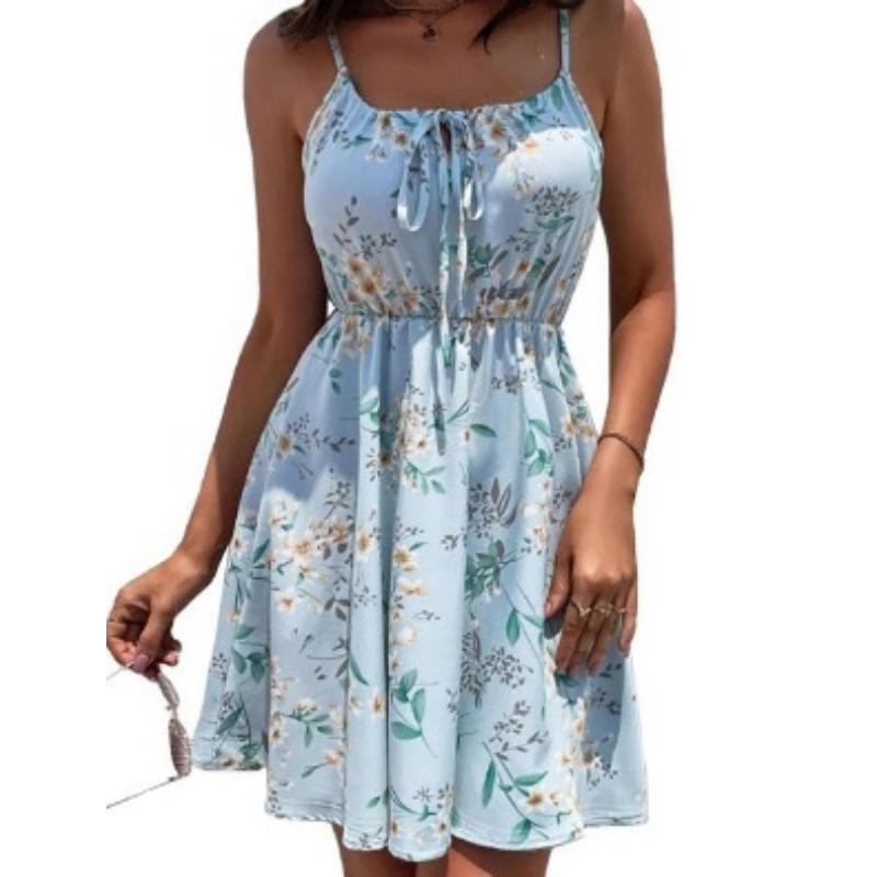 Women's Summer Floral Print Spaghetti Strap Mini Dress Tie Front Elastic Waist Sleeveless Casual Beach Sundress