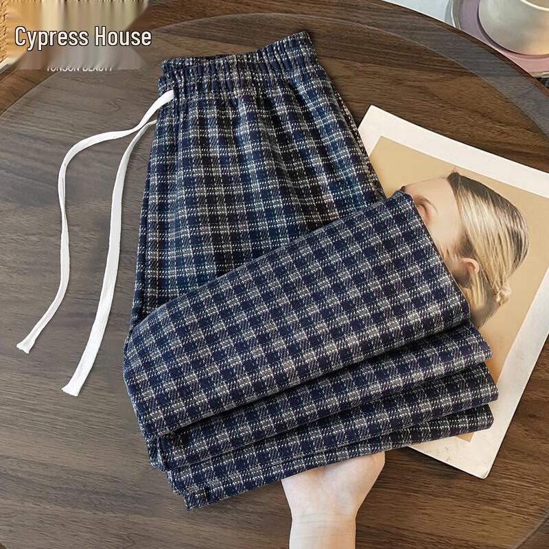 

Women s Contrast Plaid Drawstring Wide-Leg Casual Pants One Size