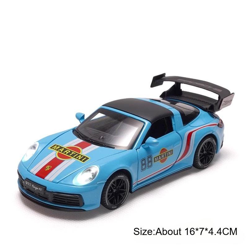 1:32 Scale Martini 911 TARGA 4S GT3RS Sports Car Model Toy Music Light Pull Back Doors Opened Models Hobby Ornaments Gifts