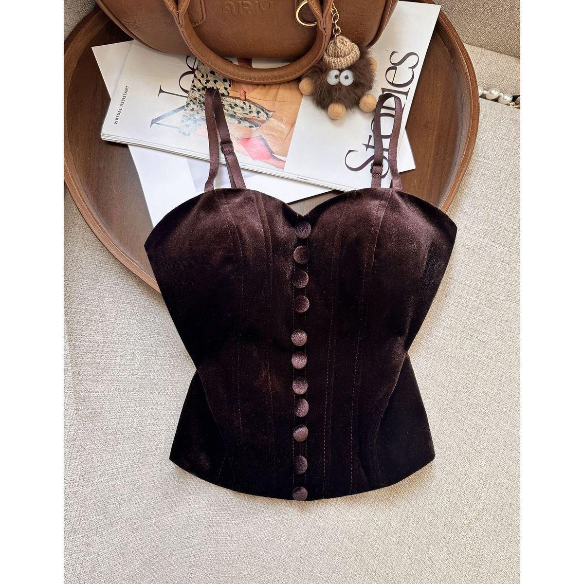 Elegant French Velvet Camisole - Women s Slimming, Waist-Cinched Tank Top Small темный кофе