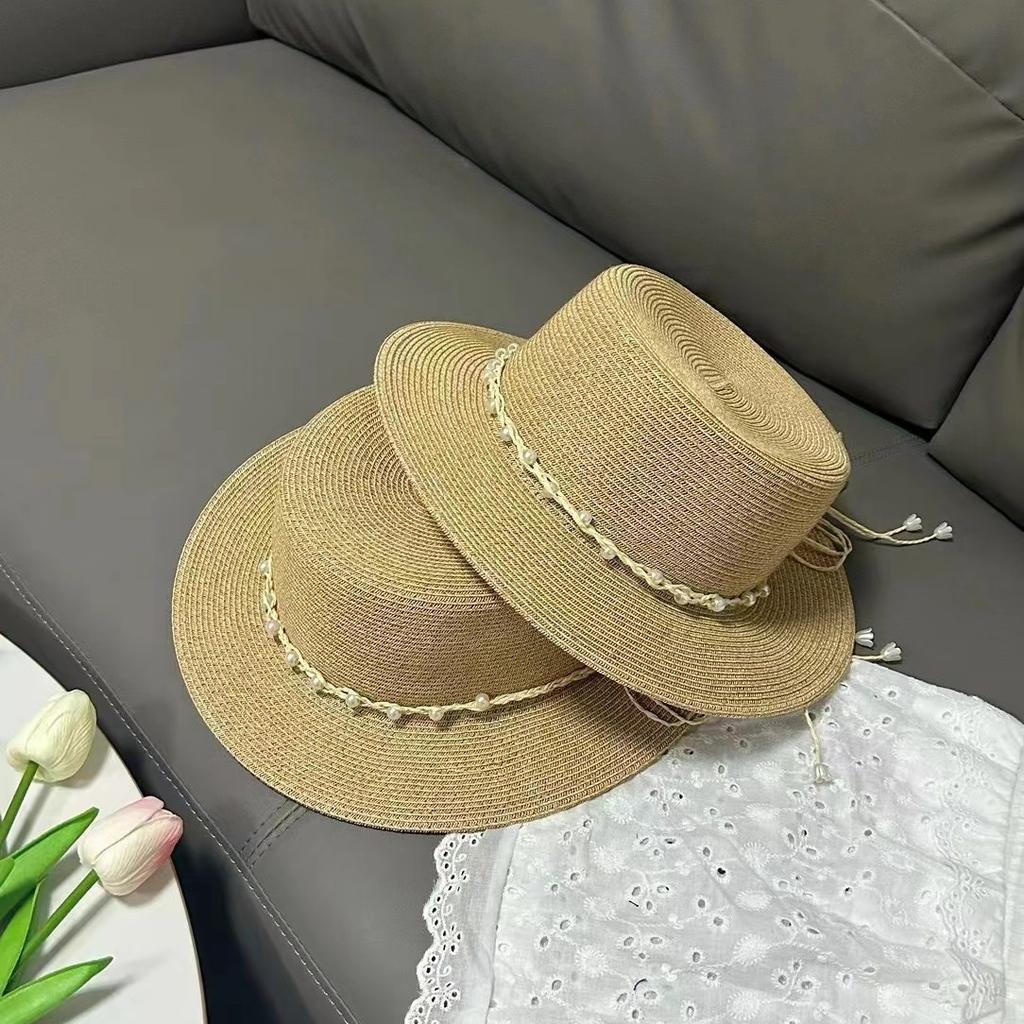Small Pearl Woven Bow Flat Top Hat Women's Summer Sun Protection Straw Hat Small Brim Basin Hat Sunshade Travel Top Hat