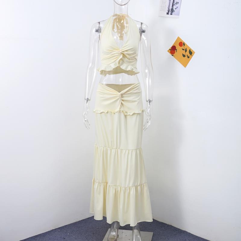 

Элегантный комплект из 2 предметов с рюшами, женский топ с открытой спиной и оборками, свободные юбки, модный тренд для отпуска, классические наряды L абрикосовый