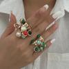 Vintage Natural Stone Multi-Pendant Tassels Pendant Open Ring Women'S Exaggerated Beaded Heart Ring Wedding Party Boho Jewelry