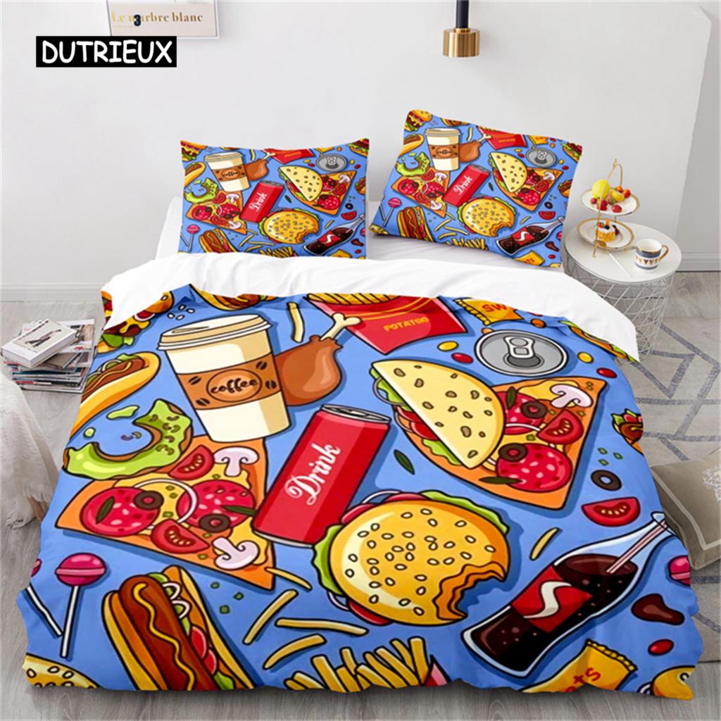 Duvet Cover Gourmet Food Burger Bedding Set Hot Dog French Fries Comforter Cover Microfiber Quilt Cover King Size Bedroom Decor