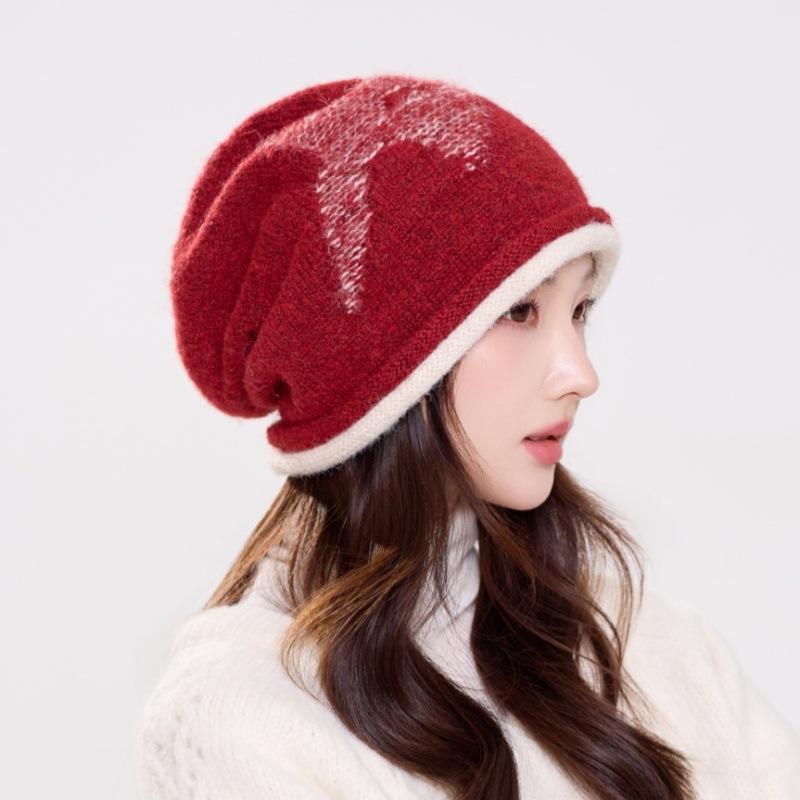 Autumn and winter thickened pile hat women's warm and cold-proof wool hat contrasting color crimped big head circumference bag head hat spot