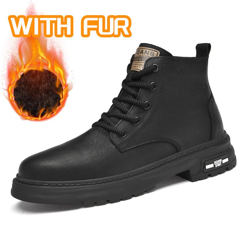 Fashion High Quality Casual Leather Men Motorcycle Boots Classic Outdoor Mens Ankle Boots Winter Warm Plush Fur High Top Shoes Man Botas