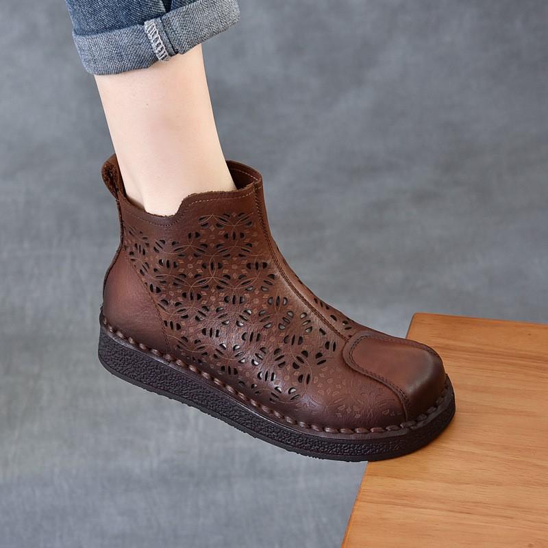 Johnature Ethnic Style Retro Soft Soled Hollow Out Boots Versatile Genuine Leather Flat Women's Sandals