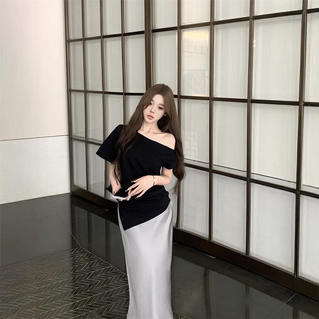 

One-Shoulder Irregular Pleated Waist-Cut Elastic Top - Women s 2025 Summer Off-Shoulder Lazy Style S Premium чорний