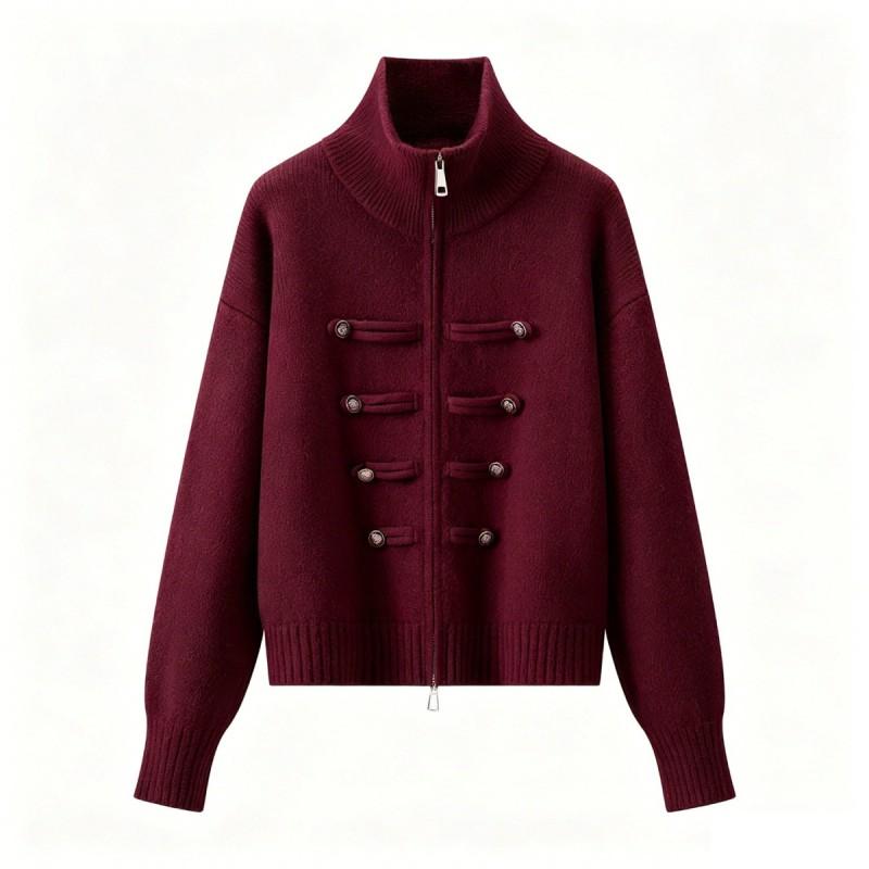 Womens Casual Stand Collar Knit Cardigan Double-breasted Zip Slim Fit Daily Wear