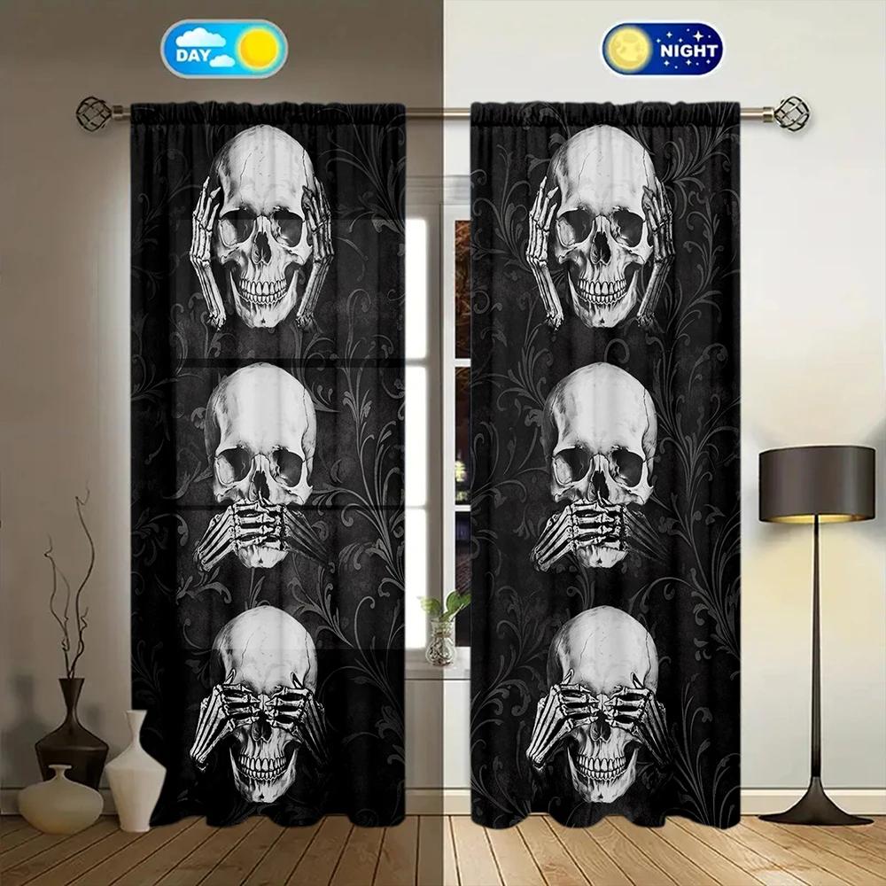 2 Stück Drei Weise Schädel Bedruckter Vorhang für Heimdekoration - Stangentasche Fensterdekoration für Schlafzimmer, Büro, Küche und Wohnzimmer