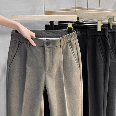 Men's Plus Size Wool Trousers: Thick, Elastic Waist, Straight-Leg Fit for Autumn and Winter.