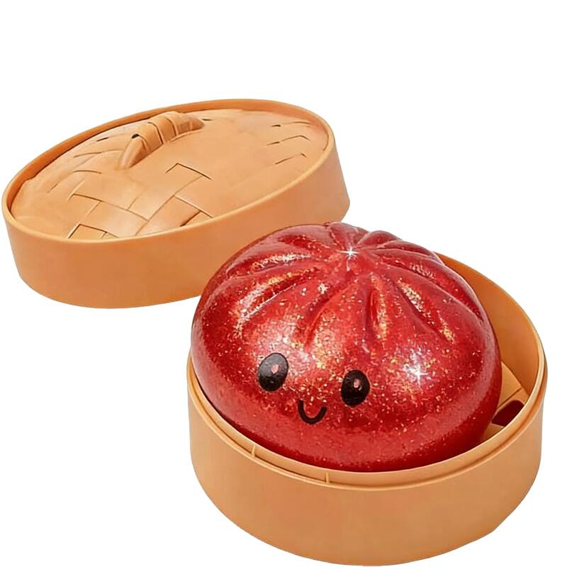 Glitter Dumplings Stress Relief Toy Cute Steamed Bun Squishy Toy with Steamer Box Fidget Toy Soft Slow Resilience Stress Relief Sensory Squeeze Toy
