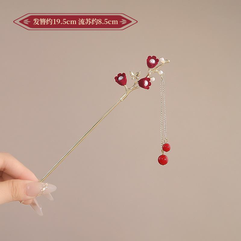 Vintage Chinese Style Rose Hairpin For Women Red Flower Element Tassel Hair Stick Elegant Exquisite Handmade Hair Accessories