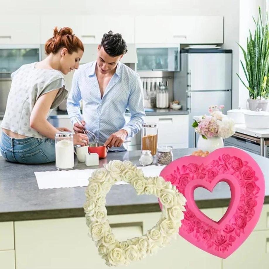 1 Pcs Large Rose Heart Wreath Silicone Food Good Mold Big Heart Shaped Rose Silicone Mold Cake Decorating Tools Soap Cake Mould