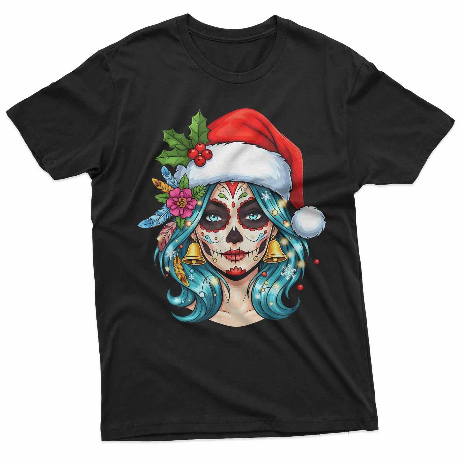 Christmas Sugar Skull Art Woman Santa Hat Festive Design T-Shirt 2XL