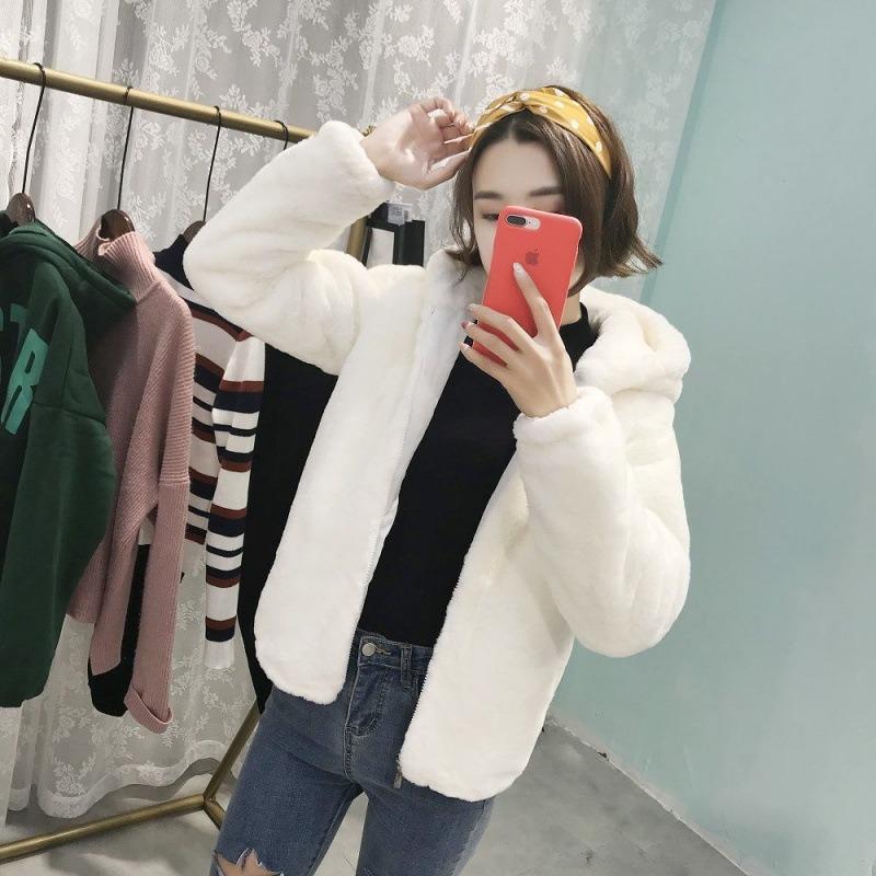 

Faux leather jacket women s new imitation Rex rabbit hair winter fashion thickened loose hooded light top S