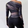2024 Autumn Off-Shoulder Slim Fit Long-Sleeve T-Shirt with Stylish Print