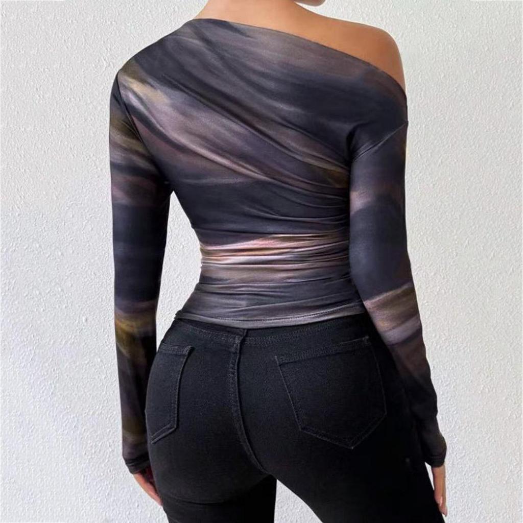 2024 Autumn Off-Shoulder Slim Fit Long-Sleeve T-Shirt with Stylish Print