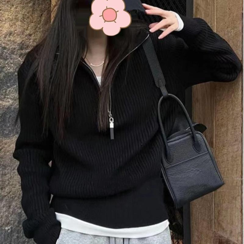 Пуловеры с застежкой-молнией и высоким воротом для женщин, осенние повседневные вязаные женские свитера с длинным рукавом, модные однотонные зимние джемперы 25815 Size Size чёрный