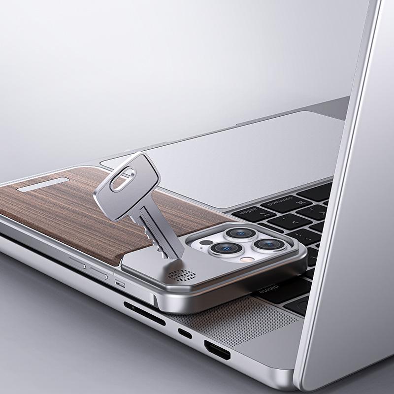 For iPhone 15 Pro Case Aluminium Alloy+Walnut Aromatherapy Protective Phone Cover