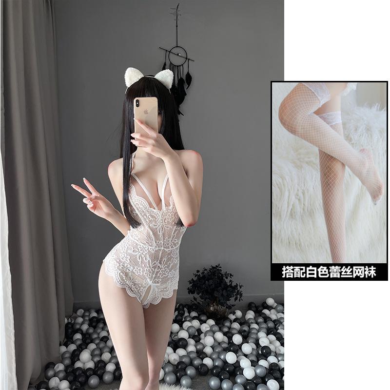 Sexy Underwear Lace Perspective Temptation Sexy Hot Onesie Open Crotch Passion Free Pure Desire Black Silk