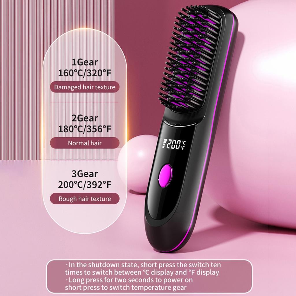 Cordless Hair Straightener Brush with 3 Temperature Settings (160 celsius 200 celsius ), Fast Heating Hair