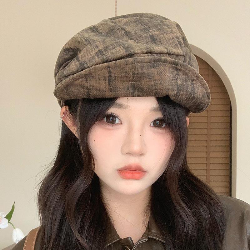 Japanese retro beret hat for women new spring and summer octagonal hat  versatile face  small pleated newsboy hat for men