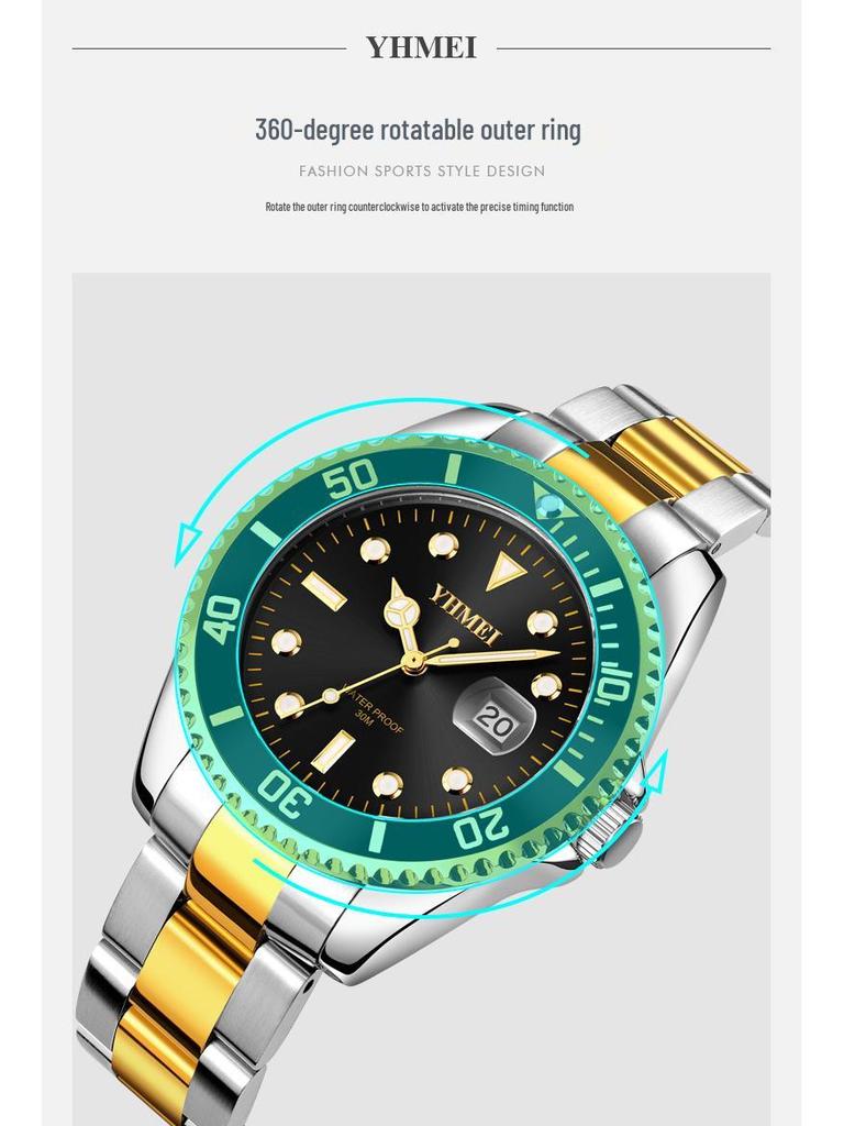 Men's Business Series Stainless Steel Watch with Calendar & Rotatable Bezel - Waterproof Quartz Dial