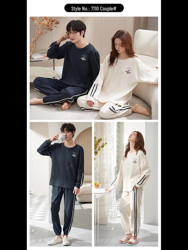 Korean Cartoon Couple Pajamas: Long Sleeve Cotton Sleepwear for Women and Men, Spring To Winter