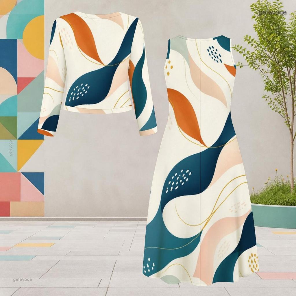 Women Plus Size Two Piece Dress Set Round Neck Long Sleeve Abstract Printed Cardigan Sleeveless Midi Dress