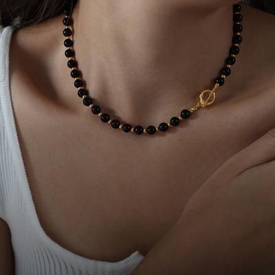 Collana di Agata Nera da Donna Catena con Perle Rotonde Accessori Stile Gotico Fibbia OT Placcata Oro Zircone Regalo per Coppia