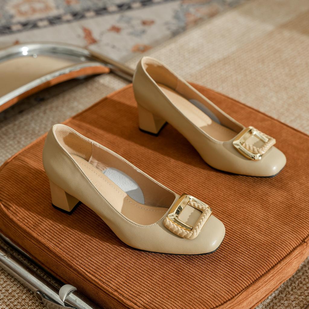 Leather Square Head French Thick Heel High Heels Women's Buckle Shallow Mouth Spring and Autumn Versatile Commute To Work Thick Low Heel Single Shoes