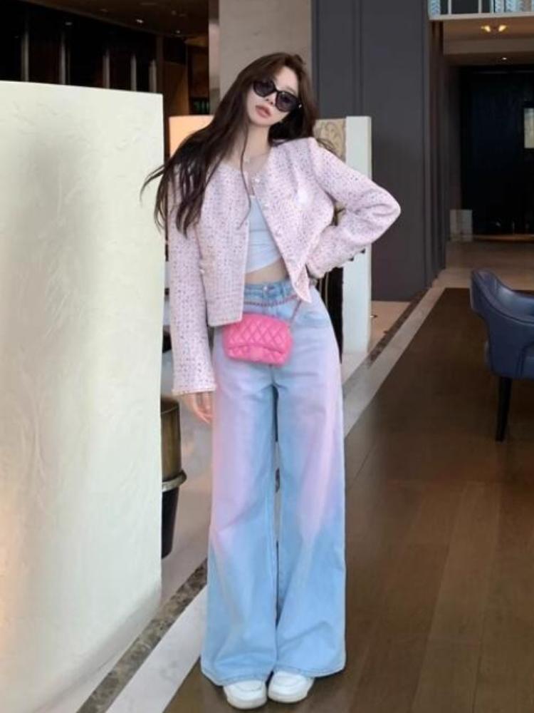 Pink Blue Design Vintage Baggy Loose Jeans Women Y2k Harajuku High Waist Denim Trousers Female Retro Fashion 90s Aesthetic Wide Pants Sreetwear