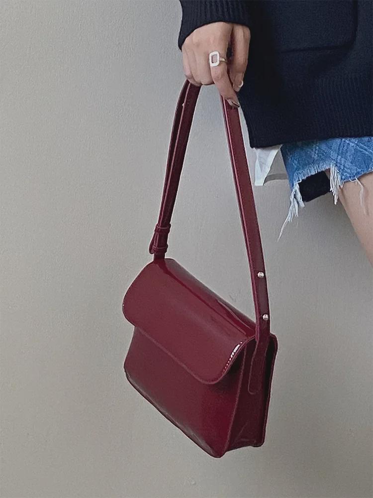 "Damen Rote Lackleder Retro Schultertasche - Herbst/Winter Handheld Unterarm Messenger"