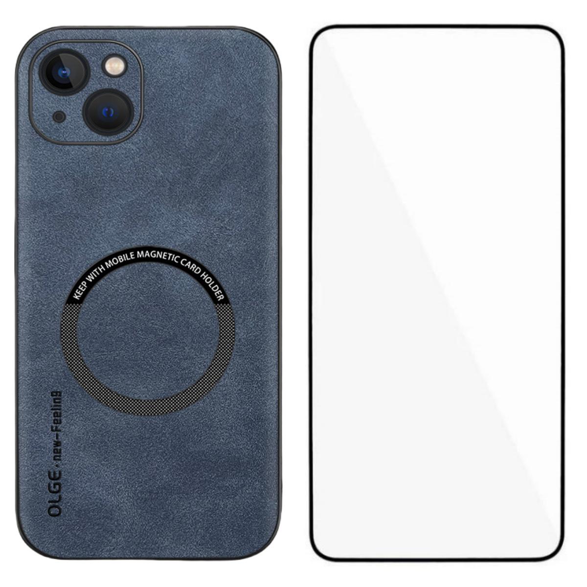 

WANLONFENG YBP Series For iPhone 15 Magnetic Case with Tempered Glass Film PU Leather+TPU Phone Cover Precise Cutouts Blue