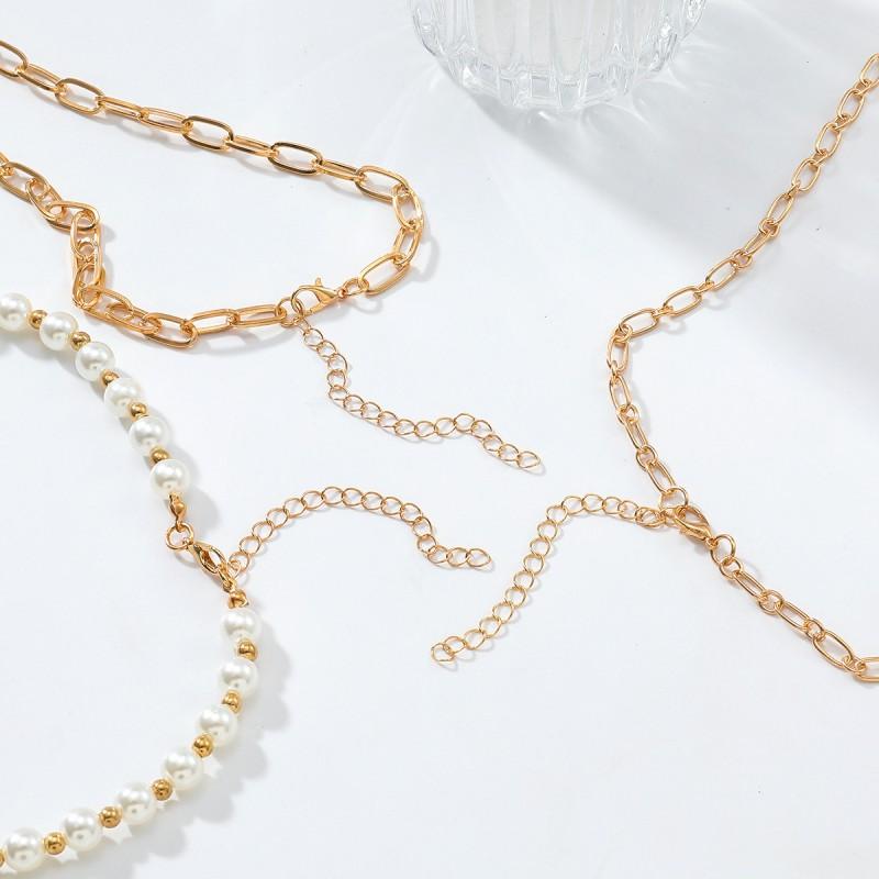 Layered Gold-Tone Alloy Necklace Set With Multi-Row Imitation Pearl Coin Pendants Women Geometric Chic Statement Jewelry
