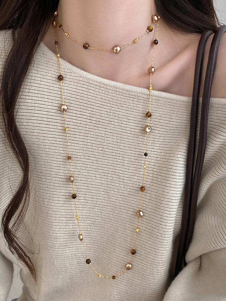Autumn and Winter Long Tiger Eye Stone Pearl Beads Long Sweater Chain For Women's Popular Necklace New Jewelry Accessories