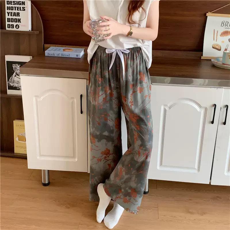Damen-Blumen-Baumwoll-Seiden-Pyjama - Große Größen, Sommer, Leicht, Für draußen, Gerades Bein, Lockerer Schnitt