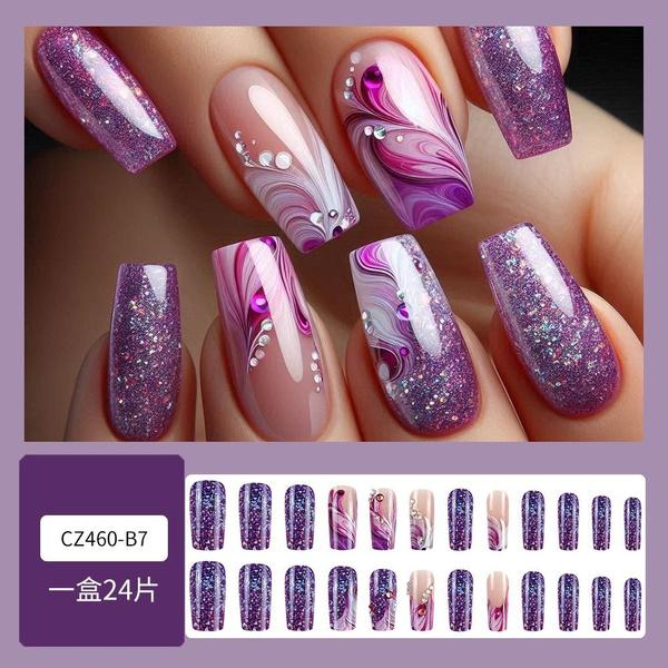 24Pcs Yellow Cute Bee Design Fake Nails French Colorful Flowers Fasle Nails Purple Star Gradient Mid-length Ballet Womens Press On Nails