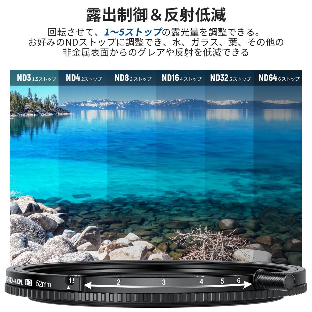 NEEWER 52mm True Color Variable and CPL Filter with Hand Adjustable Neutral Density Filter Circular HD Optical Alloy and ND3-ND64 Knob, 2-in-1 &