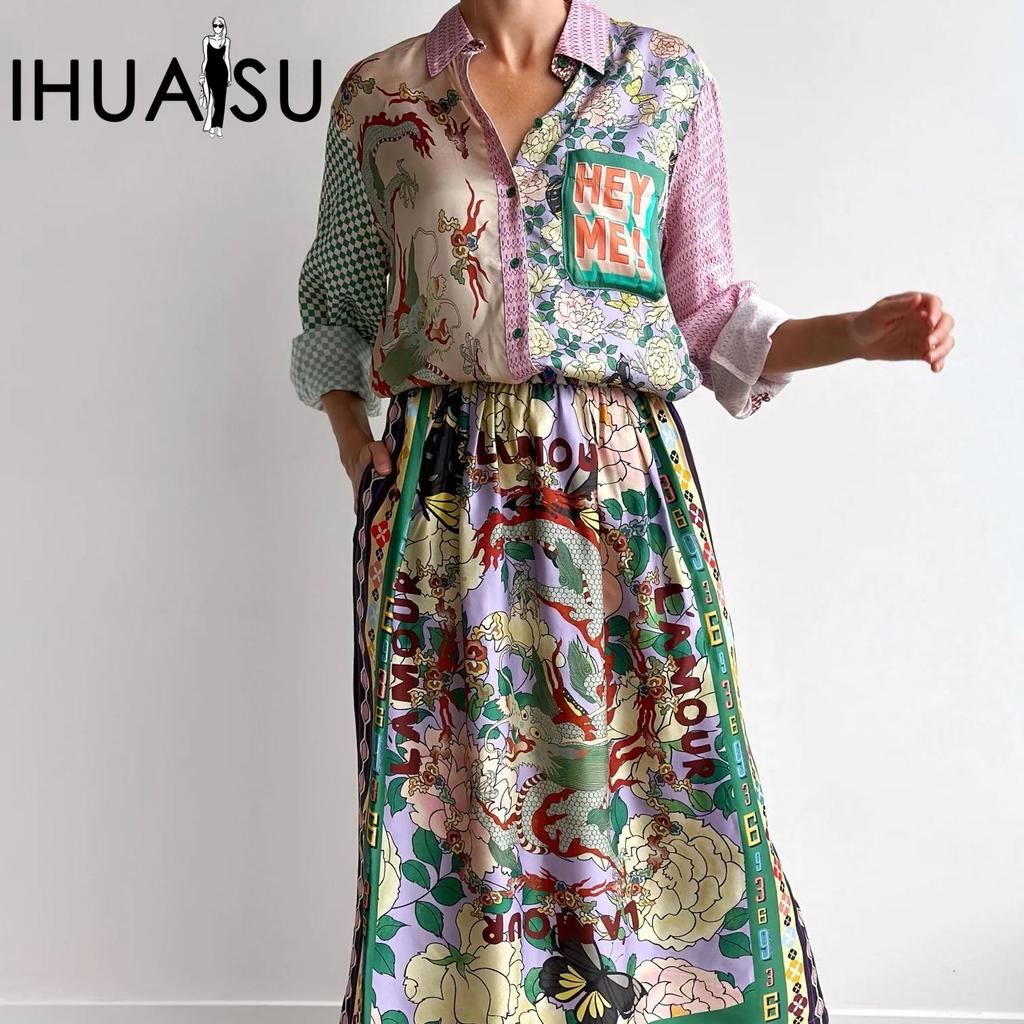 IHUASU Personalisiertes Graffiti-Freizeit-Zweiteiler-Langarmhemd + Rock aus Satin mit Aufdruck