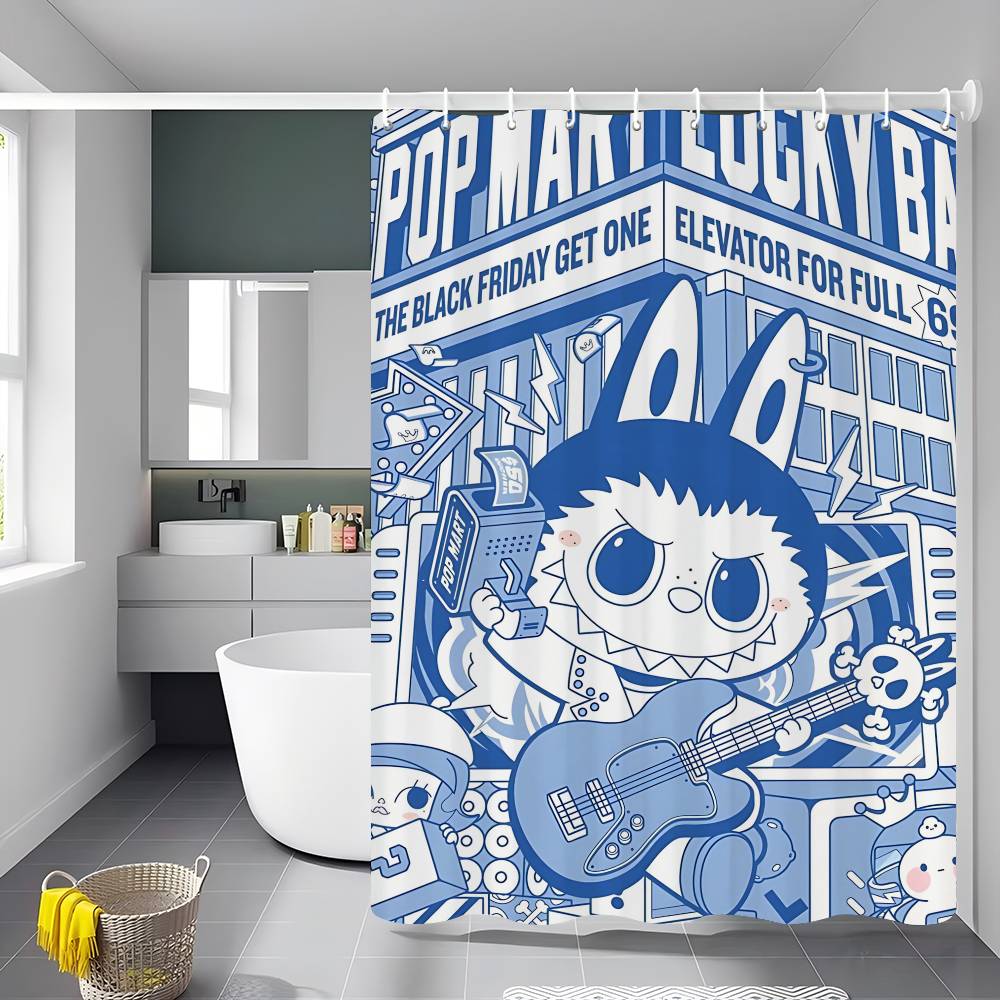 Cute L-labubu Cartoon Shower Curtain Bath Curtain Print Polyester Fabric Waterproof Bathroom Curtains With Hooks Bath Screen