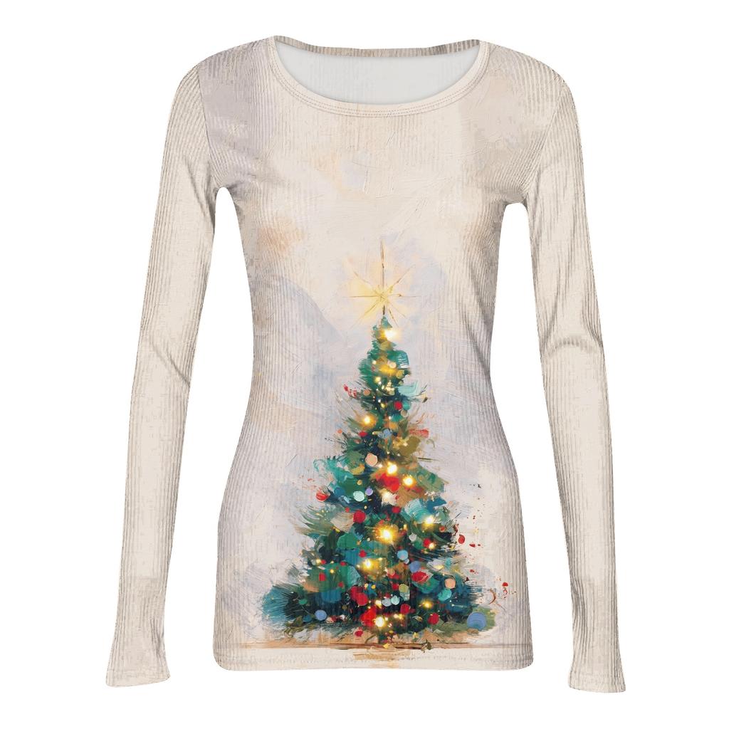 Women's Casual Long Sleeve Christmas Print Neck Ribbed Knit Top