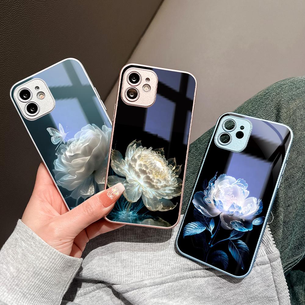 White Peony Flower Phone Case Metallic Lacquer Tempered Glass Shockproof Cover for Huawei Honor iPhone OPPO Realme OnePlus Xiaomi Redmi Samsung Vivo