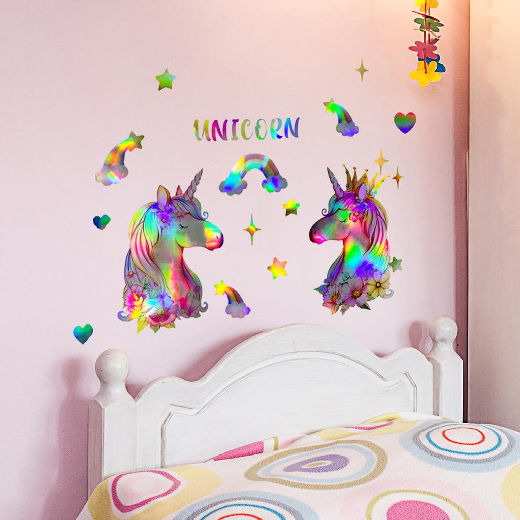 Ls13514 Laser Gradual Change Colorful Rainbow Unicorn Wall Sticker Viewing Angle Different Patterns And Colors