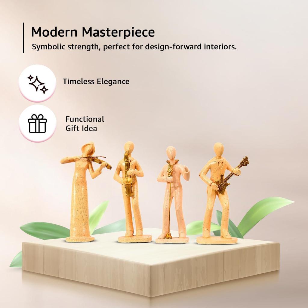 Rustikales Musiker-Set in Steinoptik | Eine Symphonie aus Tradition und Handwerkskunst | Ideal für kulturelle und künstlerische Dekoration – 4er-Pack, Pfirsichfarben