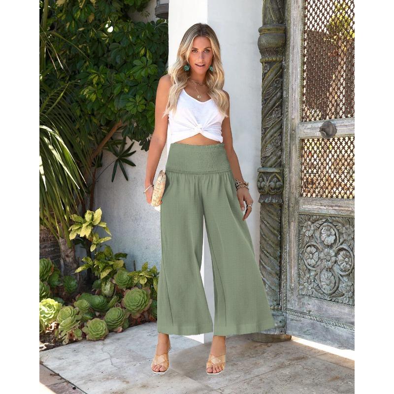 Summer Women's Pants Solid Colour High Waist Drawstring Trousers Casual Cotton Linen Pants Cropped Pants