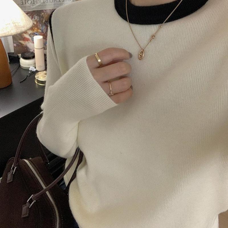 Premium Color Block Round Neck Knit Base Layer Women Early Spring Slim Fit Pullover Sweater Inner Wear Long Sleeve Top