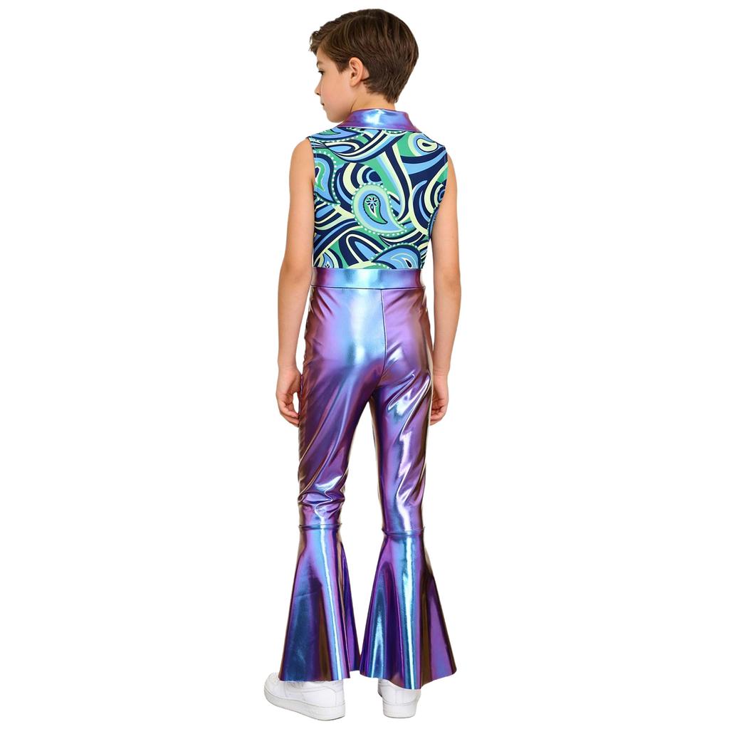 Kids Metallic Shiny Sleeveless Jumpsuit with Print Patchwork and Flared Pants for Boys Disco Halloween Party Outfit