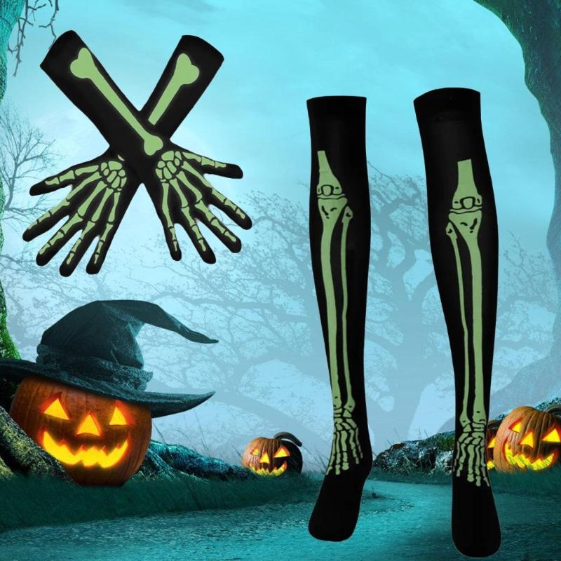 Leuchtende Skelett-Socken Skelett-Handschuhe Leuchten im Dunkeln Strumpfhosen Skelett-Knie Hohe Socken Halloween-Kostümzubehör